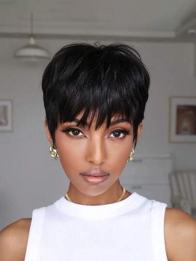 Short Straight Human Hair Wig 6 Inch Natural Black Brazilian Hair Pixie Cut Wig 150% Density Full Machine Made For Women