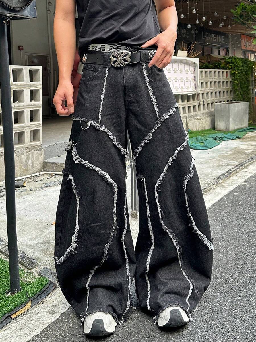 1件日式拼接刺绣毛边阔腿牛仔裤,男士个性街头风做旧宽松长裤(不含腰带和配饰) - 黑色 - 查看 1