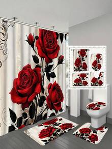 1/4 件套精美玫瑰花浴帘套装，装饰浴室套装，包含印花浴帘、防滑浴垫、马桶盖套、浴室地毯和 12 个塑料挂钩，浴室配件，家居装饰，宿舍装饰，农舍装饰 - 彩色 - 查看 21
