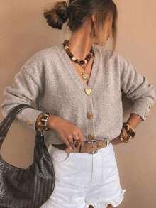 Áo khoác cardigan dệt kim cổ chữ V cài nút hình trái tim SEREN dành cho nữ, màu đen, dáng rộng, thích hợp cho ngày Valentine. - Lạc đà - Xem 3