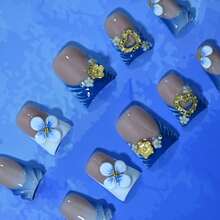 10Pcs Handmade Short Duck Bill Acrylic Press On Nails, New Chinese Blue White Porcelain Style, White Flower, Gold Heart, Gold Clover Rhinestone Accents, Daily Elegant Looks Summer, Traditional Style Events, Fresh Delicate Vibe Easter - 彩色 - 查看 9