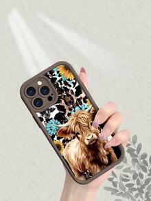 Cute Highland Cow Sunflower Turquoise Leopard Print Phone Case For IPhone 17 16 15 14 13 12 11 7 X,New Thickened Shockproof Scratch-Resistant Case With Comfortable Matte Feel,Western Farmhouse Style Protective Cover - Cà phê nâu - Xem 3