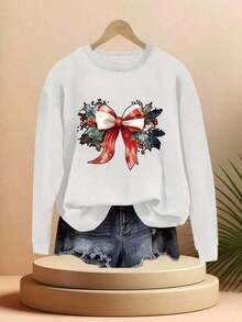 2026 Valentine's DaySweater Women White Long Sleeve Holiday Bow Print Sweatshirt Festive Winter Top Casual Fit PartyChristmas Party Fits, Holiday GiftsCasual Round-Neck SweatshirtLoose And Comfortablevalentine Outfits For Women - trắng - Xem 7