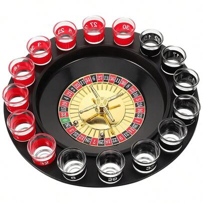 一套幸运俄罗斯轮盘赌饮酒游戏套装，包含2个小球和16个玻璃杯，名为“旋转乐趣”，适合KTV、酒吧和迪厅等场所的饮酒游戏。一款非常有趣的饮酒游戏。（黑白底座颜色随机发货）