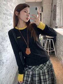 撞色字母镶嵌撞色细边度假上衣 - 黑色 - 查看 2