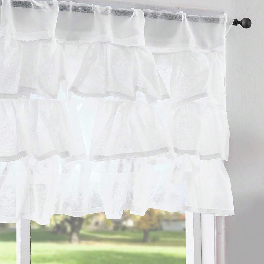 Linen Valance Sheer Double Layer Kitchen Window Curtain Leaf Embroidered Valance Living Room Cafe Farmhouse Filtering Rustic Country Curtain 18 Inch Rod Pocket 1 Panel White Home Decor - *Shabby Chic White - View 1