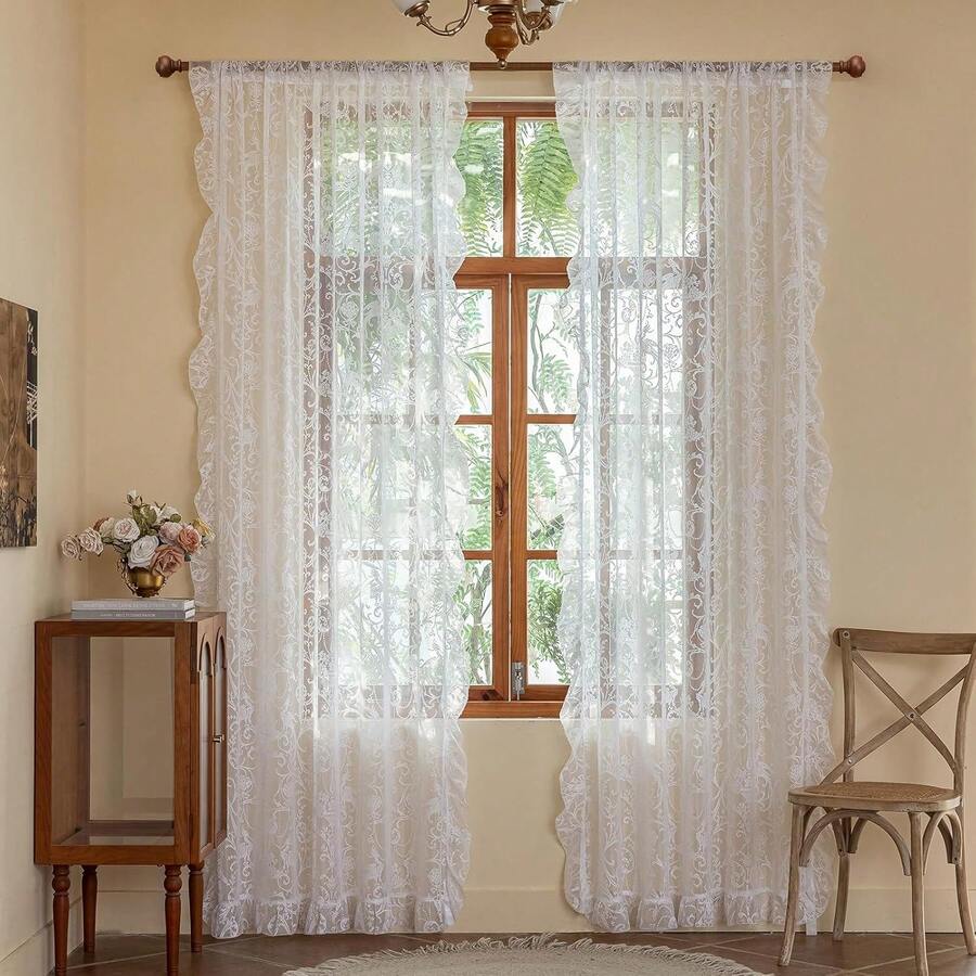 Green Sheer Curtains 108 Inch Long Living Room - Shabby Chic Floral Ruffled Curtains, Elegant Knitted Privacy Rod Pocket, Emerald Green, Spring/Summer, 1 Pair, 59 X 108 Inch - 白色 - 查看 1