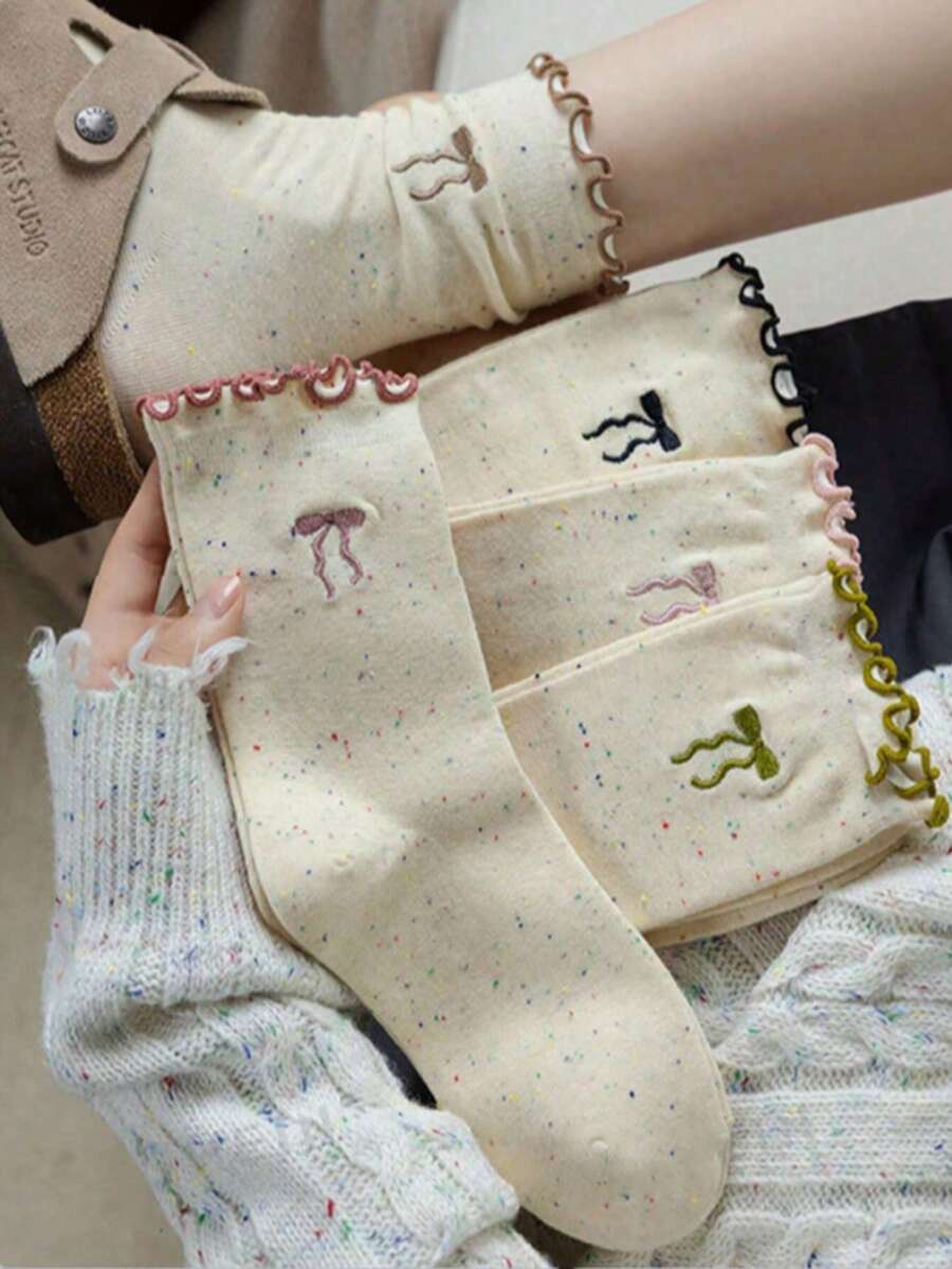 5 Pairs Women's Polka Dot Bow Ruffle Hem Thick Mid-Calf Socks, Suitable For Autumn/Winter - Multicolor - View 1