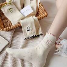 5 Pairs Women's Polka Dot Bow Ruffle Hem Thick Mid-Calf Socks, Suitable For Autumn/Winter - Multicolor - View 5