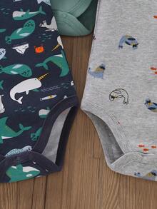 5-Piece Baby Triangle Jumpsuit, Cotton Ocean Whale Print For Boys, Baby Jumpsuit, Wrapped Bundle, Boy's Baby Clothes For Outdoor Use, Daily Home Wear. - 霧霾藍 - 查看 7