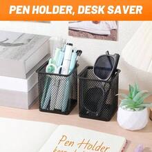 Square Pen Holder, 3 Pack Black Pen Holder Desk, Metal Mesh Pencil Cup Container Desktop Accessories Organizer Office, School, Home, Brush - Black + 3 Pack - View 6
