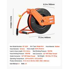 Bobina de manguera de aire retráctil, manguera de aire de goma de 1/2 pulgadas x 65 pies Max 300PSI, bobina de mangueras de compresor de aire de rebobinado automático con plomo de 5 pies, montaje en techo / pared para talleres de garaje - 1/2 pulgadas x 65 pies - Ver 7