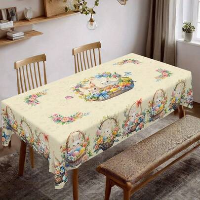 1 szt. Obrus z zajączkiem wielkanocnym i kwiatami - Kolorowy kosz kwiatowy i wzór pisanki, nowoczesny, minimalistyczny wystrój domu, Świeża wiosenna dekoracja stołu jadalnego, Dostępny w wielu rozmiarach (prostokątny, okrągły), Uniwersalna dekoracja stołu jadalnego na święta, Nadaje się na stół jadalny, stolik kawowy itp.