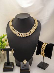 1Set Fashion Dubai Women Crystal 18k Gold Plated Jewelry Sets Necklace African Bridal Wedding Earrings Ring Bracelet Jewelry Accessories Festival Gift - Gold - View 1