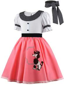 1950s Girl Poodle Costume, Children's Party Outfit Set Includes Scarf And Headband - Watermelon Pink - View 4