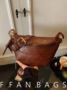 New Retro Niche Design Handbag, Women's Fashion Wide Strap Crossbody Bag, Casual Versatile Chest Bag/Waist Bag - Brown - View 1
