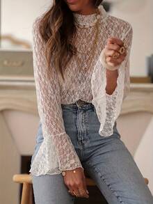 Women's Sexy Sheer Solid Color Bell Sleeve Lace Blouse White Spring - White - View 6