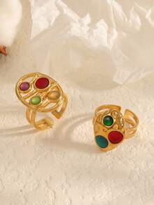 2pcs Stainless Steel Ombre Color Drip Design Ring Set For Women - Yellow Gold - View 2