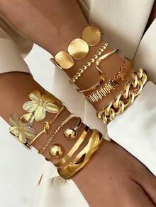 5/1pc Vintage Elegant Bohemian Style Delicate Floral Plain Twisted Geometric Open Bangle Bracelet Set, Suitable For Women's Daily, Party, Holiday, Beach Wear, Accessory, Perfect Gift - Gold 24 - View 2