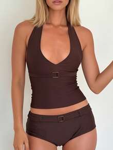 Women's Summer Tankini Swimsuit With Shorts Fashionable Solid Color Halter Tops With Boyshorts 2Pcs Bathing Suit - Cà phê nâu - Xem 2