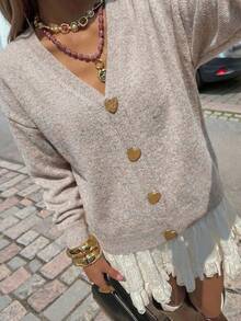 Áo khoác cardigan dệt kim cổ chữ V cài nút hình trái tim SEREN dành cho nữ, màu đen, dáng rộng, thích hợp cho ngày Valentine. - Lạc đà - Xem 7