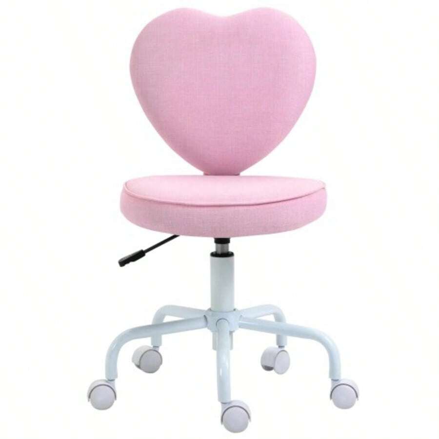 HOMCOM Swivel Chair, Executive Chair, Computer Chair, Adjustable Seat Height, Attractive Pink Linen Upholstery In A Heart Shape, 40 X 50 X 79-89 Cm - Pink - View 1