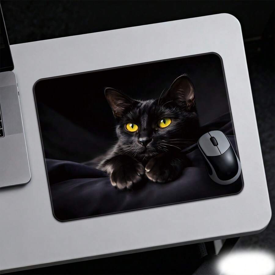 Fashion Black Cat Glass Pad, HD Anime Style Cat With Bright Yellow Eyes, Hard Gaming Mouse Pad For PC, Smooth Control, Dominate The Game, Endless Durability, Special Glass Surface With Improved Precision&Speed - Multicolor - View 1