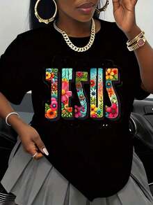 Camiseta de tipografía floral de Jesús, diseño de fe cristiana con versículo bíblico negro para el culto en la iglesia y uso diario, envío nacional para mujeres, blusas para mujeres de manga larga - Negro - Ver 8
