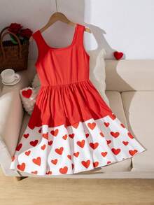 1pc Fashionable & Cute Heart Pattern Dress, Contrast Color Design, Bow Decor, Soft & Comfortable, Suitable For Vacation, Outdoor Activities, School, Vacation, Party, Valentine's Day Gift, Any Occasion, Summer - Red - View 4