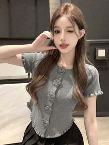 New 3D Floral Round Neck Short Sleeve Knit T-Shirt For Women, Asymmetrical Frill Trim Cropped Top, Spring/Summer - Gray - View 4