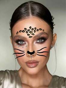 1pc Leopard Face Sticker, Glitter Waterproof Sticker, Gold Leopard Stage Makeup Face Sticker, Party Decoration, Photo Prop,Halloween - Many - View 3