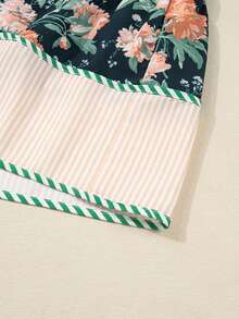 Acelitt Spring Women's Elegant Blue Floral Print Striped Edging V-Neck Long-Sleeved Ruffle Skirt Mini Dress - Multicolor - View 10