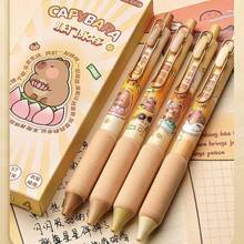 4pcs Retractable Pen With Cute Capybara Design, 0.5mm Black Ink, Soft Grip, Unisex Stationery, Ideal Gift For Men; Large Capacity Multi-Layer Pencil Case, Back To School Essential, Office Supplies, Valentine's Day Gift - Multicolor - View 1