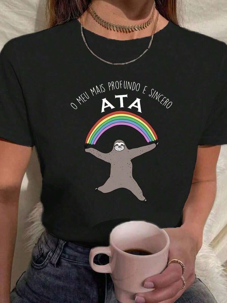 Camiseta Feminina Meu Mais Profundo E Sincero Ata Arco-Íris Fofo Unissex Streetwear Algodão - Preto - Visão 1