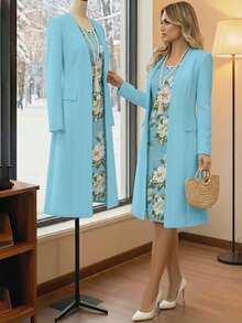 2pcs Plus Size Women's Solid Color Minimalist Faux Pocket Mid-Length Cardigan & Sleeveless Ditsy Floral Dress Set, Elegant & Casual Style, Suitable For Spring To Summer Occasions Like Valentine's Day, Ramadan, Evening Dates, Beach Photos, Vacation, Weddings, Holidays, And Daily Commute - Baby Blue - View 2
