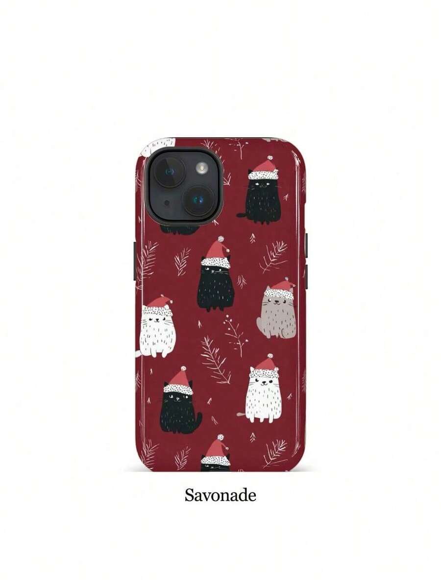 [Shipped from Mexico]Funda de Teléfono de Entrega Local: Funda de Teléfono con Ilustración de Gato Navideño, Adecuada para iPhone 17/16PM/15PM/13/13 Mini/12/11/XS Max/7/SE2, Acabado Brillante - Blanco - Ver 1