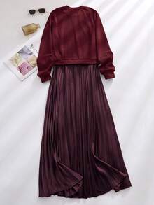 大码休闲纯色长袖针织拼接褶皱中长连衣裙，适合圣诞节、新年、女士优雅场合，红色