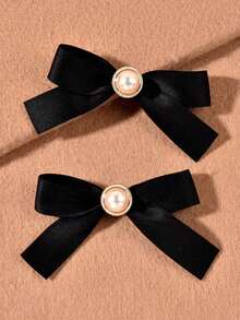 1 Pair French Style Black Faux Pearl Bowknot Hair Clips For Teens