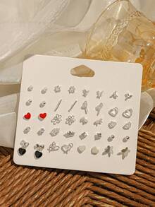 1 套 40 隻小巧可愛精緻耳環,鋅合金蝴蝶皇冠耳環套裝,百搭適合女士日常使用 - 銀色 - 查看 2