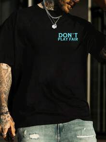 Men's Loose English Print Round Neck Short Sleeve T-Shirt | Exquisite Design | Summer Essential | Easy To Match - Black - View 2