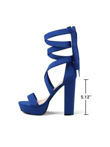 Women Minimalist Tie Leg Chunky Heeled Sandals, Fashion Faux Suede Sexy Open Toe Strappy Heeled Sandals For Party Wedding Prom  Summer Wearing - 寶藍色 - 查看 5