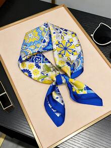 1件女款春季新款絲綢緞面圍巾，藍色檸檬花印花，日常配飾，送給朋友的理想禮物 - 藍色檸檬 - 查看 7
