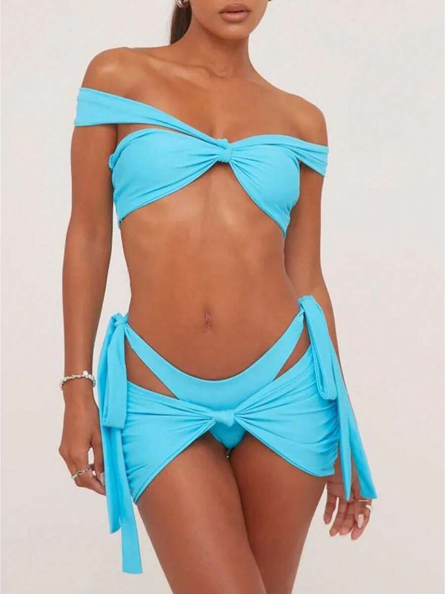 Women's 3 Piece Off Shoulder High Cut Bikini Set With Tie Side Cover Ups - Blue - View 1