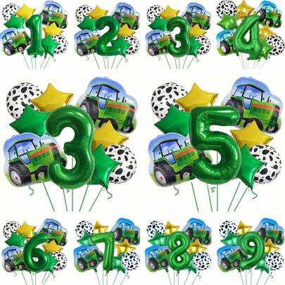 1 Set Cartoon Green Farm Truck Theme Birthday Party Balloons, 32 Inch 1-9 Green Number Balloons, Tractor Shape Foil Balloons, Suitable For Birthday, Anniversary, Housewarming, Carnival, Luau, Indoor And Outdoor Party Decorations