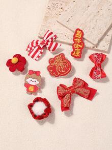 8个装女孩/青少年欧美风节日红色卡通组合发夹，中国新年吉祥设计 - 紅色 - 查看 7