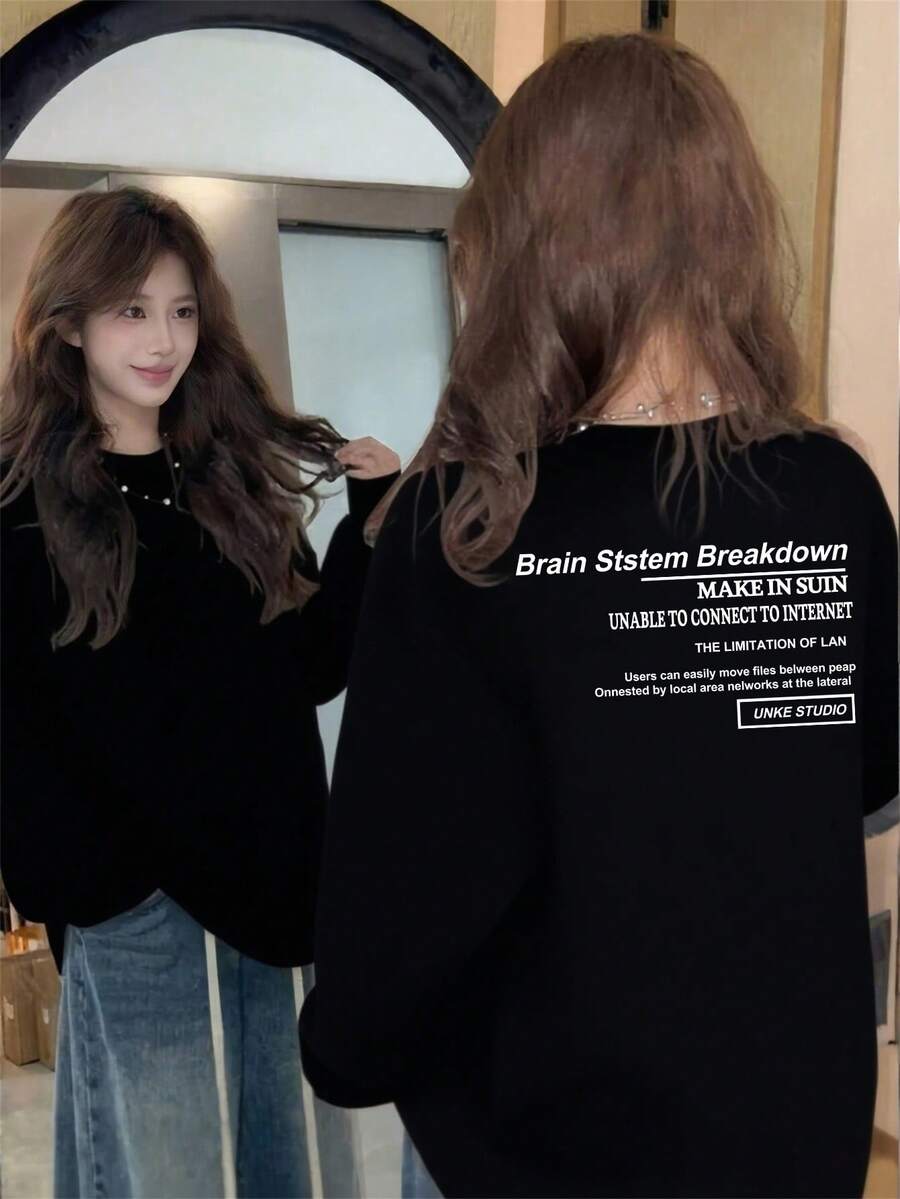 Letter Graphic Print Black Round Neck Long Sleeve T-Shirt For Women, Loose Design Versatile Top, Spring/Autumn