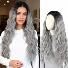 黑色渐变灰色合成蕾丝前假发，13x4英寸蕾丝，预拔毛发际线，适合时尚女性日常佩戴和派对使用，无胶耐热纤维假发 - 漸變灰色 - 查看 13