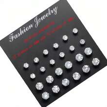 24件套女士耳环，奢华风格立方氧化锆，简约个性化耳环套装（无卡片包装） - 銀色 - 查看 8