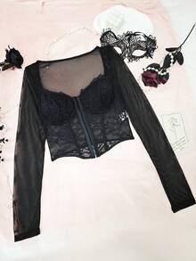 1件性感透视网纱蕾丝边修身长袖上衣，性感迷人，适合日常穿着，黑色 - 黑色 - 查看 8