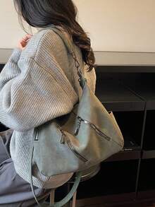 Merlard 复古 2026 哑光质感大容量时尚多功能单肩包，高端沙滩包，手提包，购物袋，大号包，小众质感手提包，拉链双肩带斜挎包 - 綠色 - 查看 6